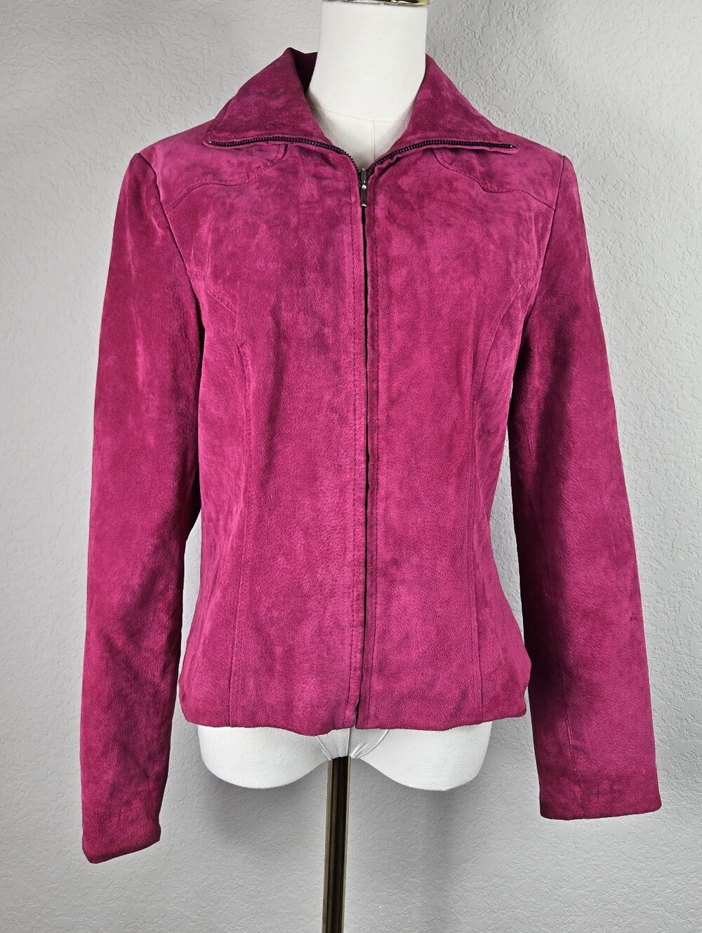 Vintage Y2K Hot Pink Suede Leather Zip Jacket Barbiecore Western Glam Small